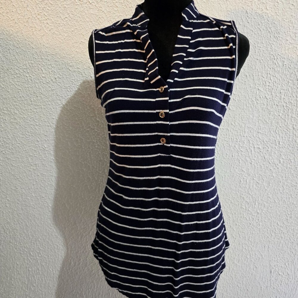 PerSeption Concepts Striped Sleeveless V-Neck Top With Button Detail Size M